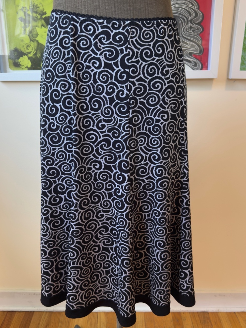Vintage Black & White Swirl Print Midi Skirt | Abstract Artsy A-Line Skirt | 90s